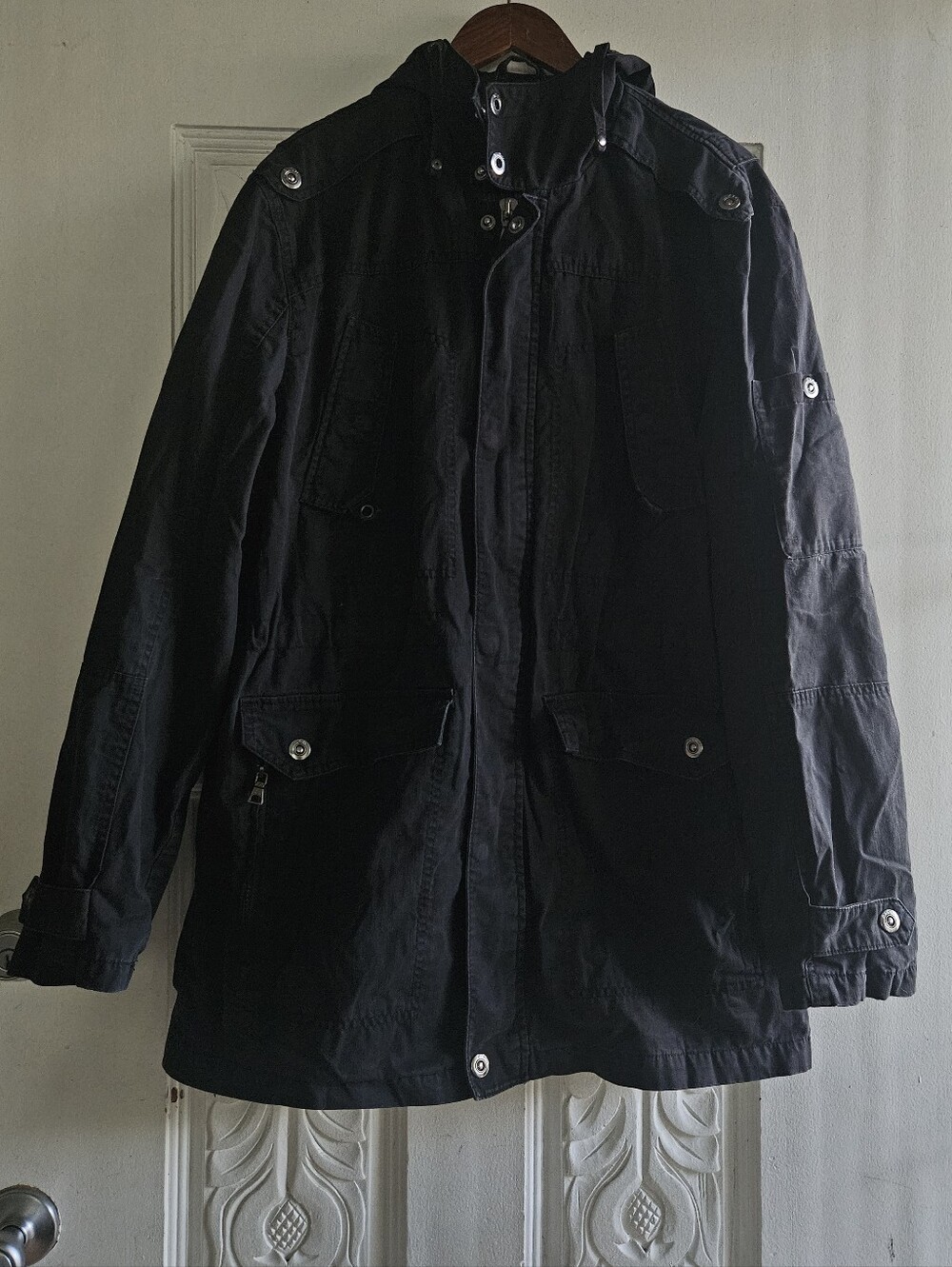 Angelo Litrico Men's Black Military Field Jacket with Hooded Collar XL
